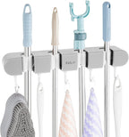 3PCS Broom Holder Wall Mount, No-Drilling Self-Adhesive Mop and Broom Storage Rack (4 Racks with 5 Hooks),Wall-Mounted Broom Hanger for Bathroom, Kitchen, Closet, Garage, Grey