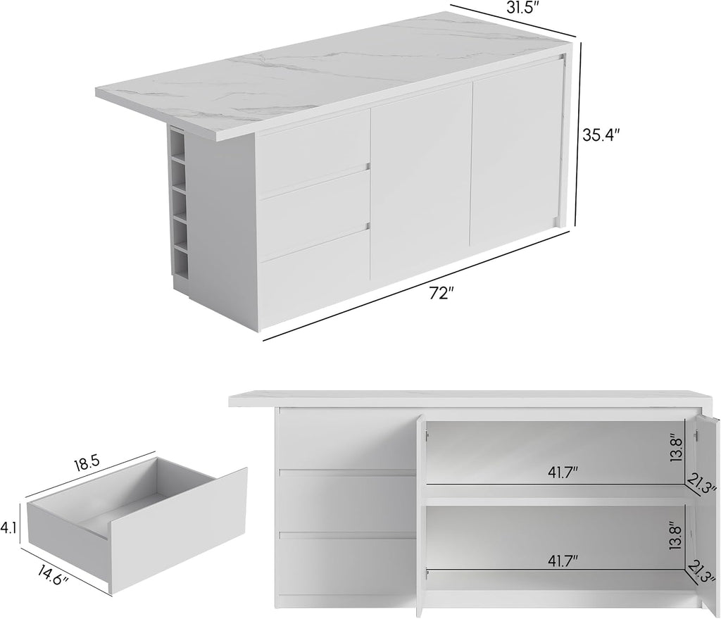 homary Kitchen Island with Storage & Wine Rack, 72" Modern White Kitchen Cabinet with Sintered Stone Top, Large Fixed Island with 3 Drawers & 6 Adjustable Shelves, Without Bar Stools