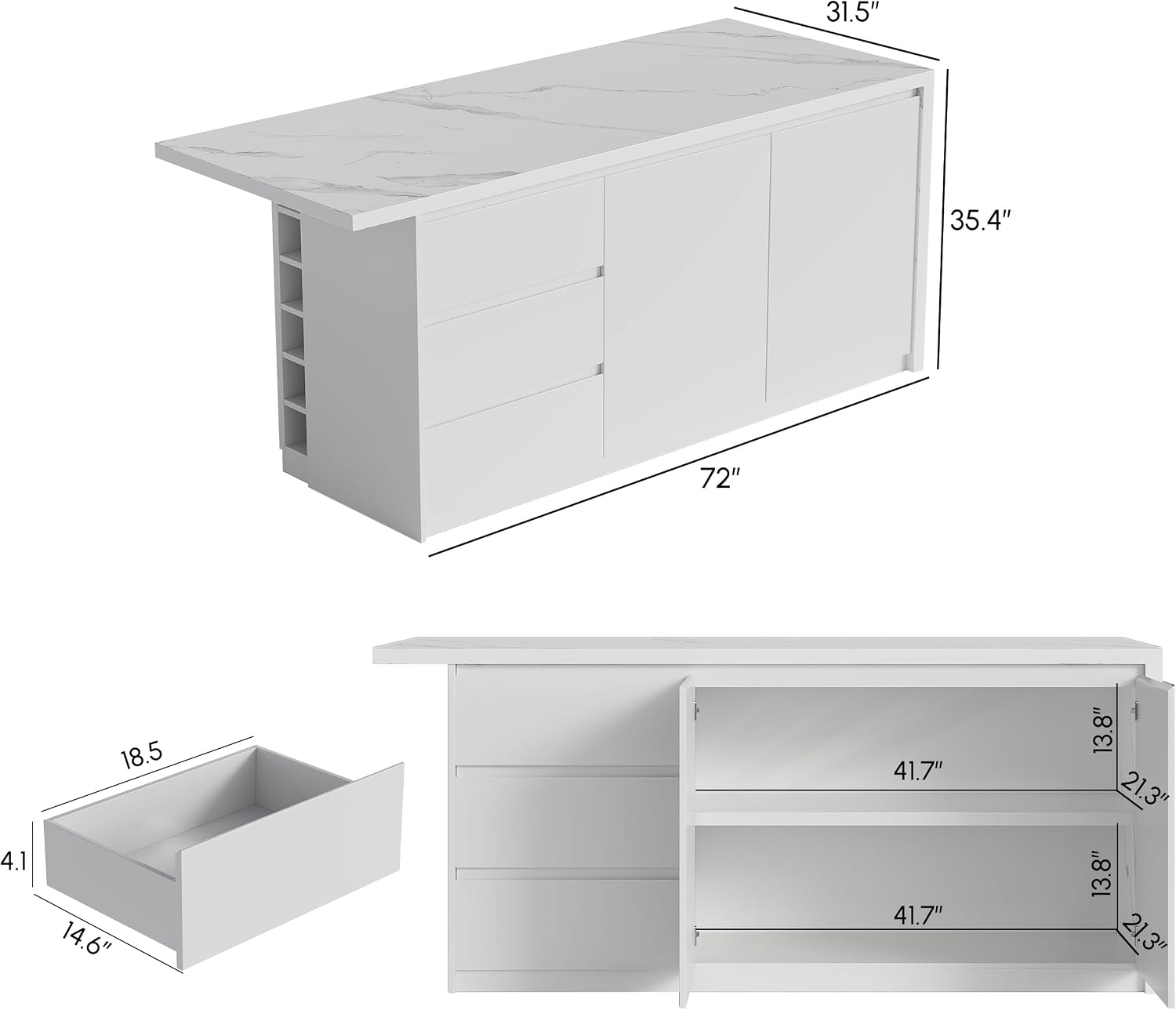 homary Kitchen Island with Storage & Wine Rack, 72" Modern White Kitchen Cabinet with Sintered Stone Top, Large Fixed Island with 3 Drawers & 6 Adjustable Shelves, Without Bar Stools