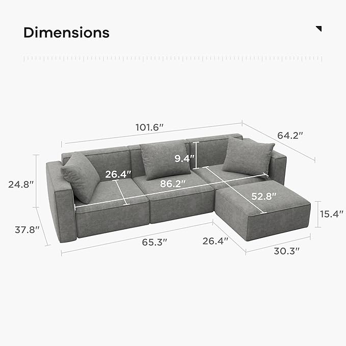 Acanva Luxury Modular Sectional Living Room Sofa Set, Modern Minimalist Style Couch with Ottoman and Chaise, L-Shape, Grey