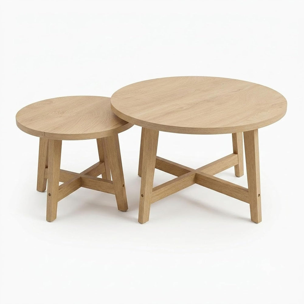 Round Nesting Tables Set of 2, Modern Coffee Table for Living Room (Natural)