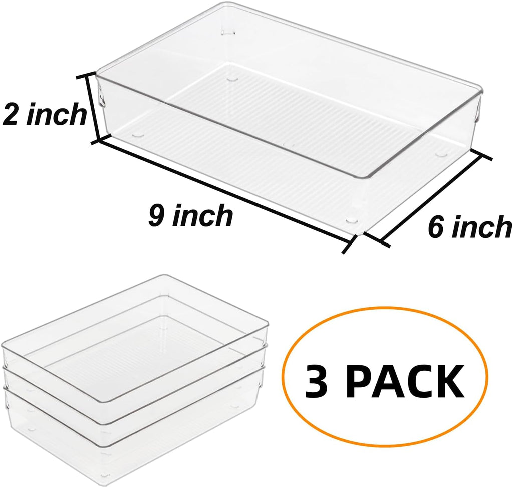 Clear Drawer Organizer Bins Set, Transparent Rectangle Trays, Dresser Bathroom Makeup Vanity Organization and Storage Bins Office Desk Drawer Dividers Organizers (3pc - 9×6×2")