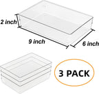 Clear Drawer Organizer Bins Set, Transparent Rectangle Trays, Dresser Bathroom Makeup Vanity Organization and Storage Bins Office Desk Drawer Dividers Organizers (3pc - 9×6×2")
