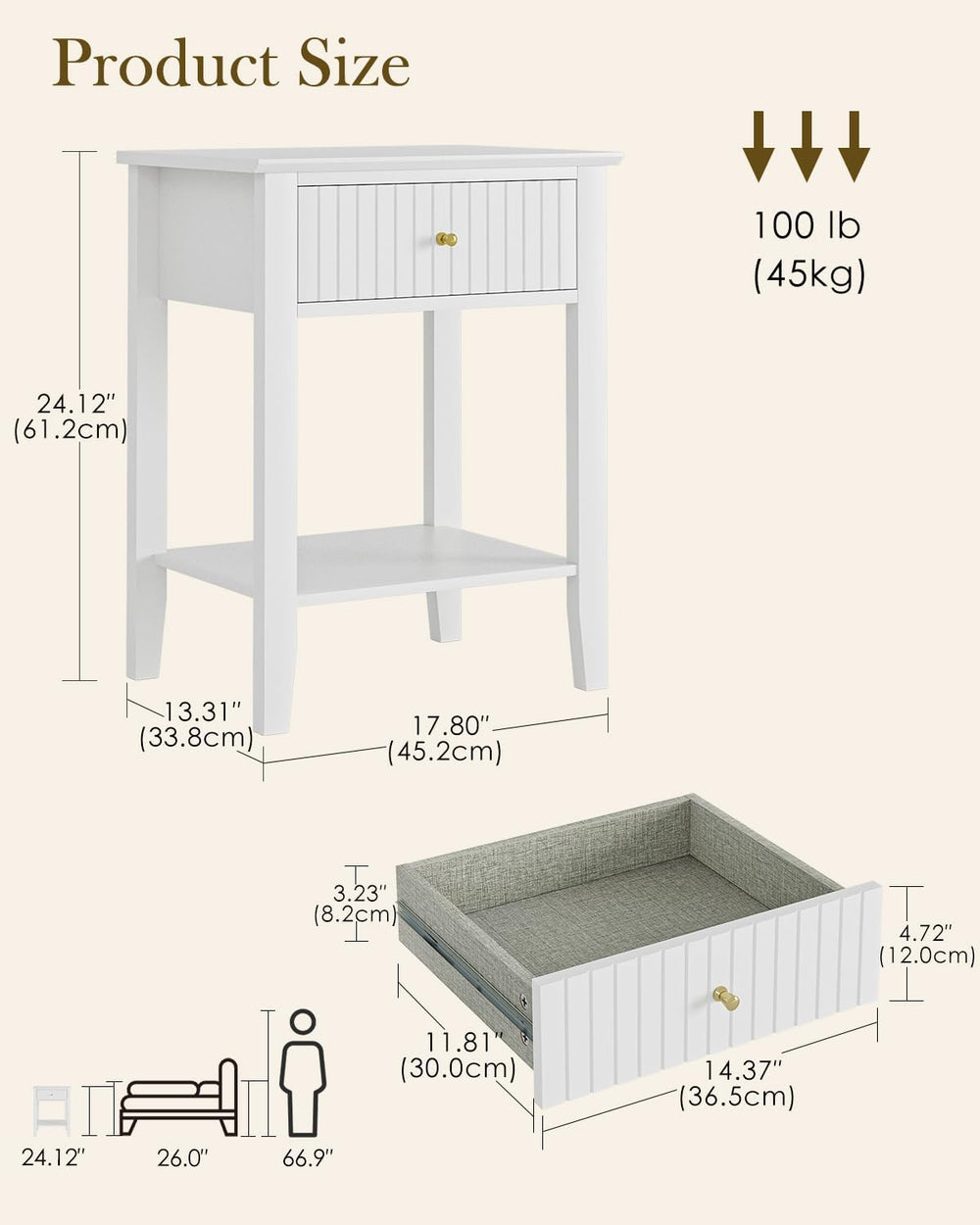 Fluted Nightstand, Farmhouse Night Stand with 1 Drawers, Mid Century Modern S...