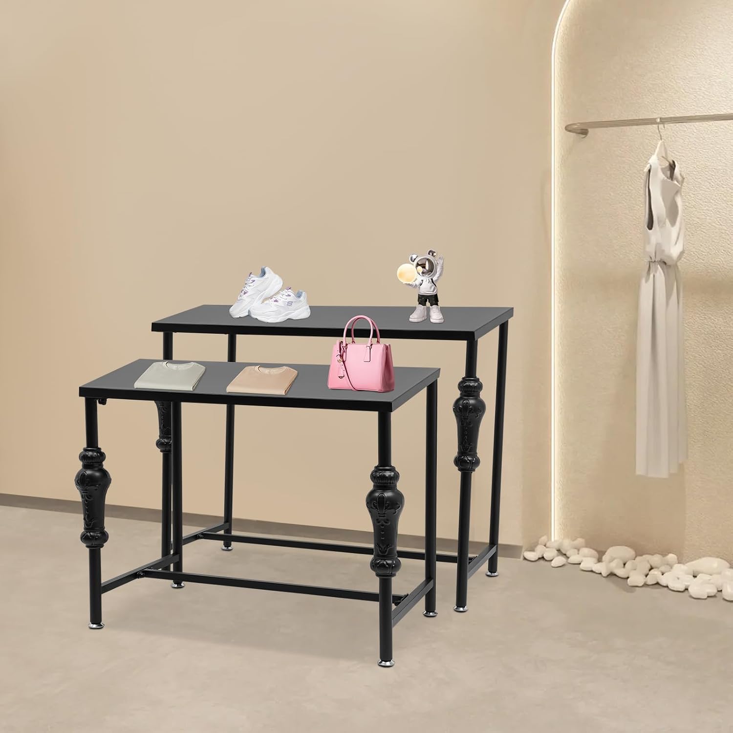 2Pcs Retail Display Tables, Shoe Handbag Display Stand Nesting Tables Set Heavy Duty Purse Display Risers for Home Boutique Retail Store (Black)