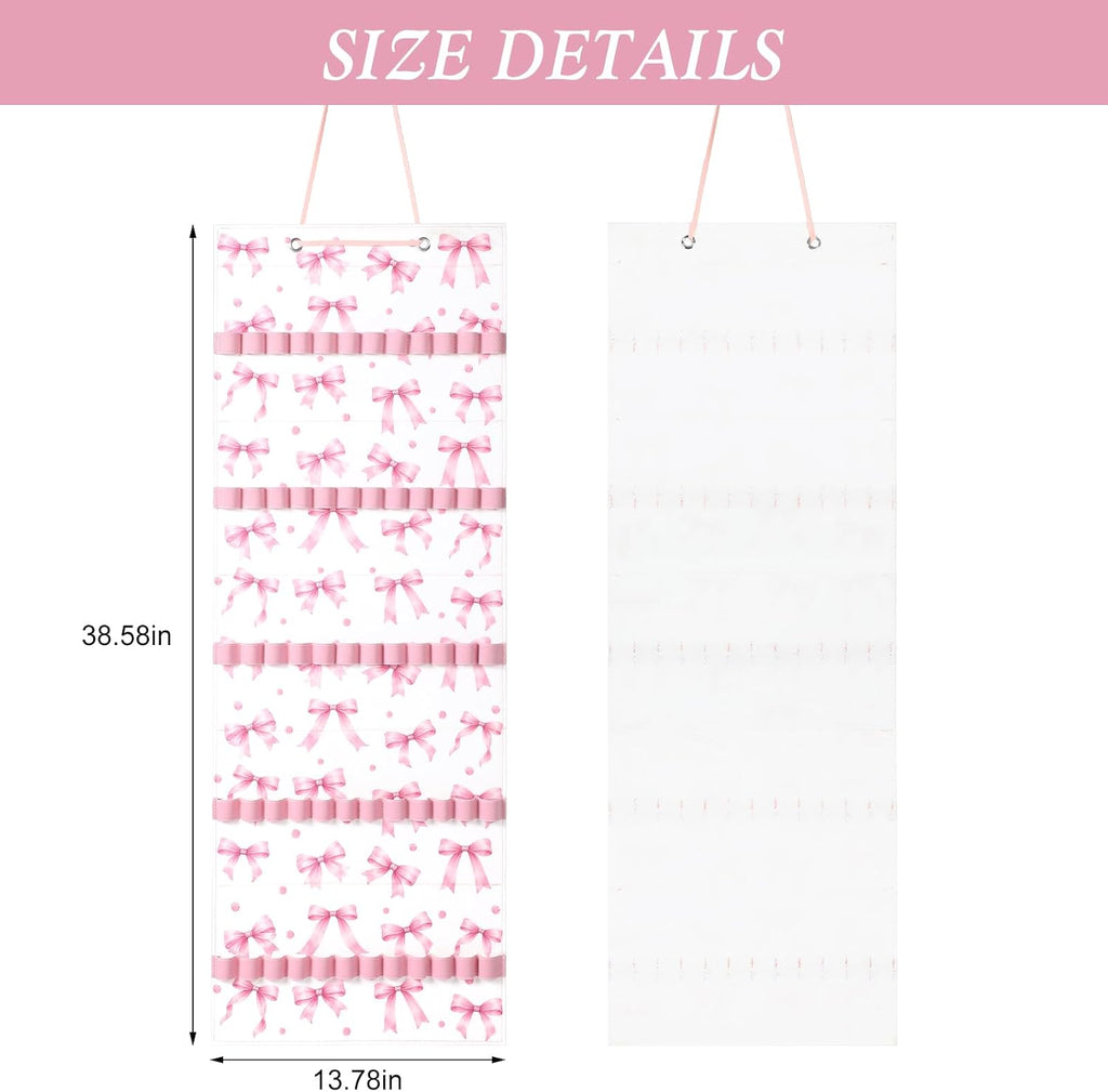 Tudomro Hanging Headband Holder for Girls Felt Hair Accessories Organizer with 60 Elastic Bands Bow Hanger for Girls Hair Bows Without Headbands (Pink,Bow)