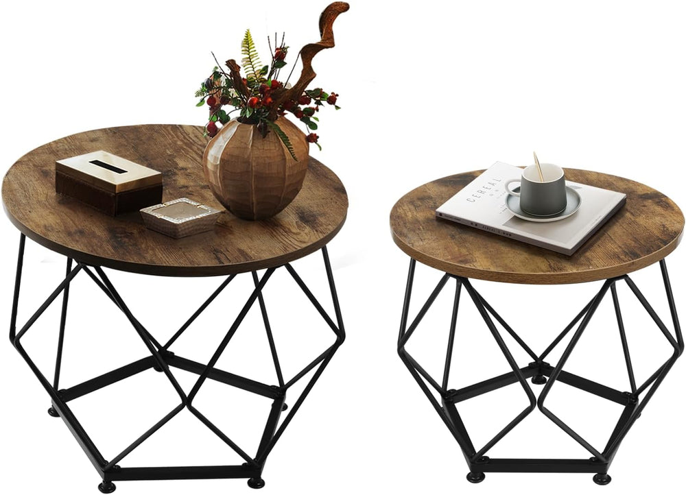 Small Coffee Table, Round End Table Set of 2 with Wooden Table and Metal Fram...