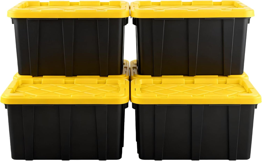 4-Pack Industrial Tote, Plastic Storage Container Bins with Lids, 7 Gallon - Heavy-Duty Organizing Containers for Home, Warehouse, and Transport