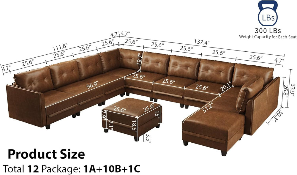 LLappuil 11-Piece Modular Sectional Sofa with Storage, Convertible Faux Leath...