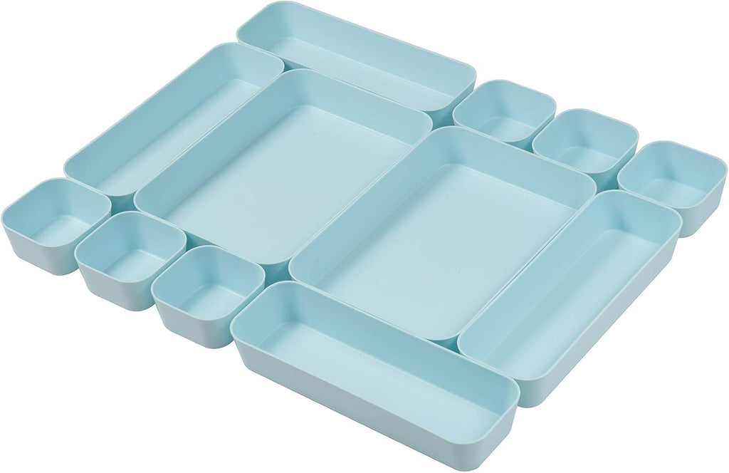 Set Of 12 Blue Color Plastic Desk Drawer Organizers For Makeup Bathroom Office Kitchen Vanity Drawer Storage Box Container