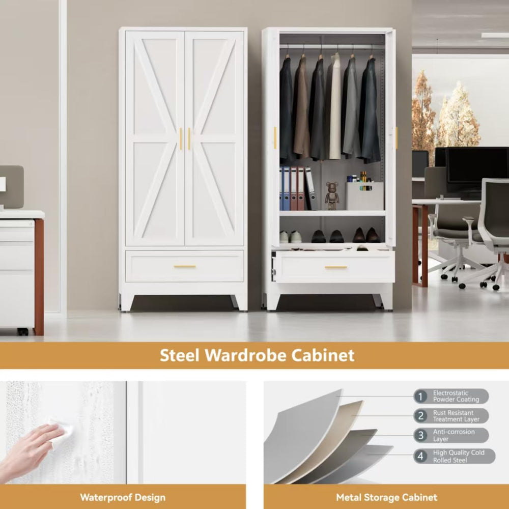 Metal Wardrobe Closet for Bedroom, 71" Freestanding Armoire Wardrobe wit...