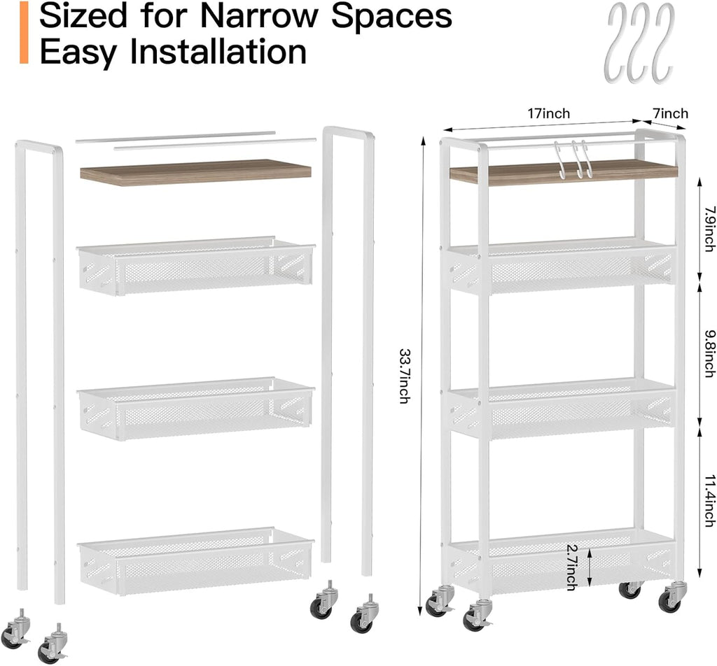 DGSNADGO Slim Rolling Storage Cart, 4-Tier Kitchen Cart on Wheels, Narrow Utility Cart with Handle and Wooden Tabletop for Small Space in Kitchen, Living Room, Bathroom, Laundry Room, Beige and White