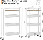DGSNADGO Slim Rolling Storage Cart, 4-Tier Kitchen Cart on Wheels, Narrow Utility Cart with Handle and Wooden Tabletop for Small Space in Kitchen, Living Room, Bathroom, Laundry Room, Beige and White