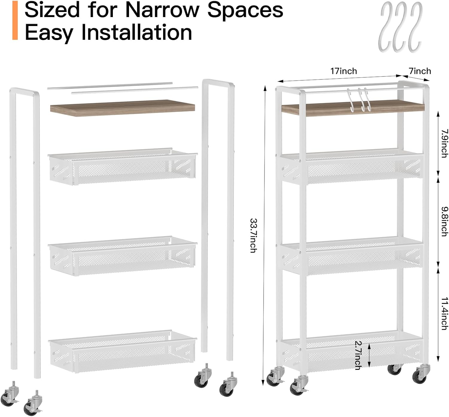 DGSNADGO Slim Rolling Storage Cart, 4-Tier Kitchen Cart on Wheels, Narrow Utility Cart with Handle and Wooden Tabletop for Small Space in Kitchen, Living Room, Bathroom, Laundry Room, Beige and White