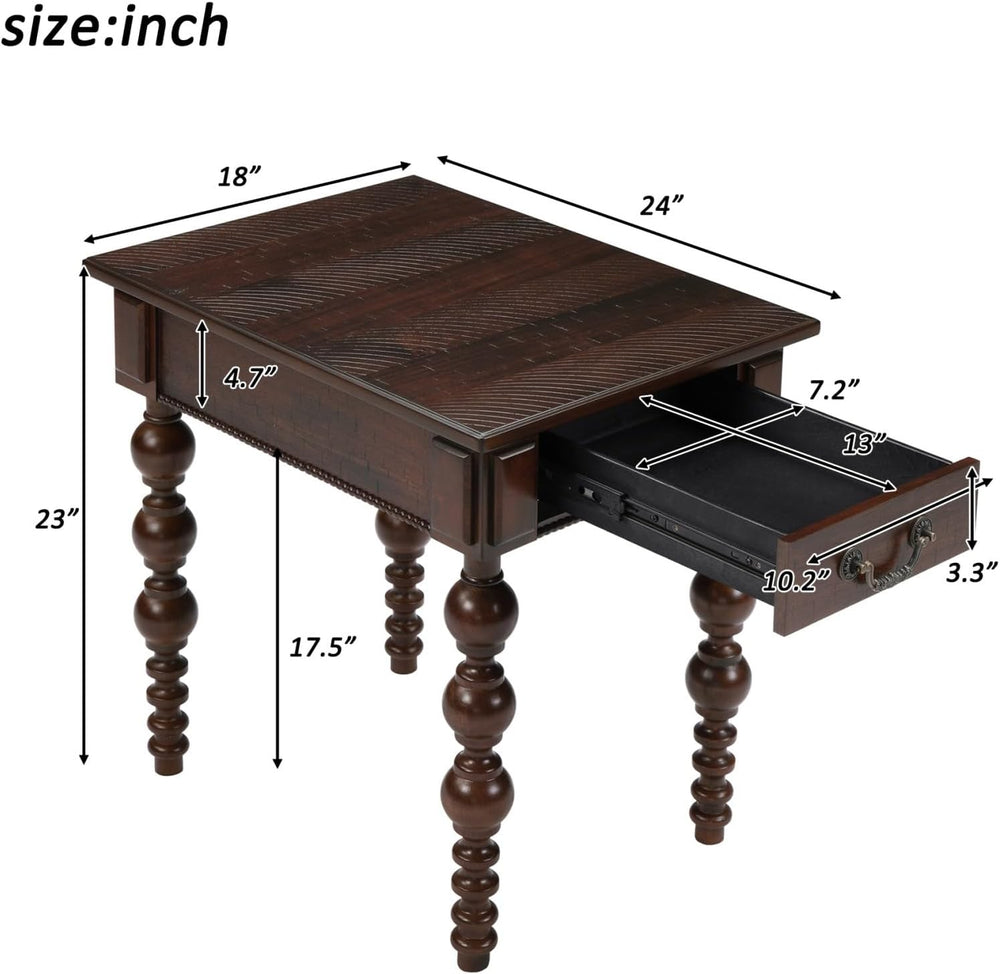 KEIKI Solid Rubber Wood Round Side End Table with Storage Drawer, Traditional...