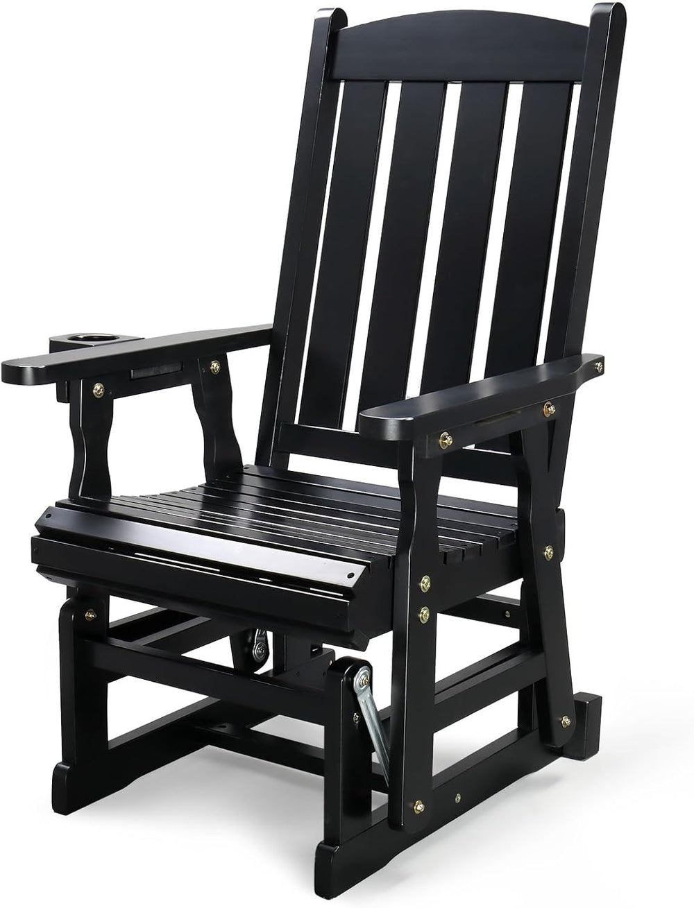 VINGLI Outdoor Glider Chair Wood Patio Glider with Cup Holder, Porch Glider w...