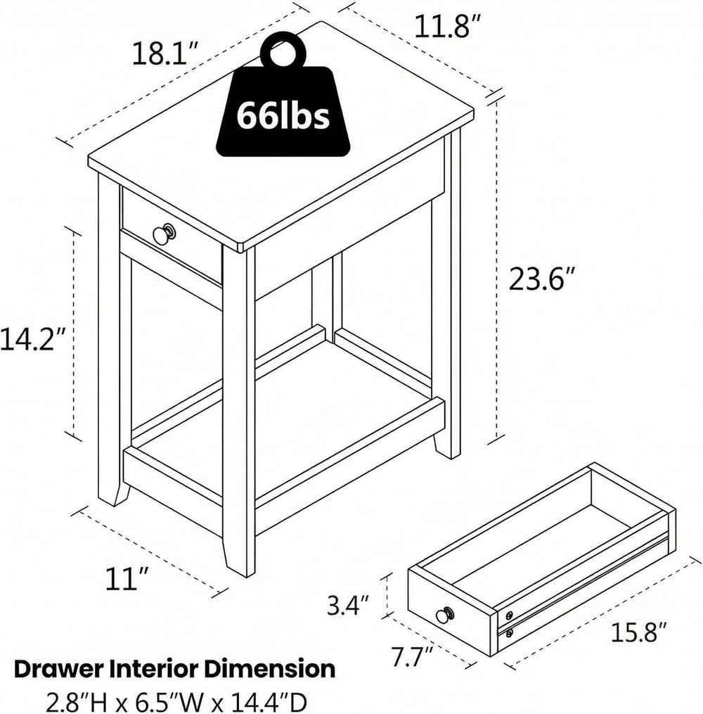 SEJOV End Table Set of 2, Narrow Night Stand with Drawer and Shelves, 2-Tier ...