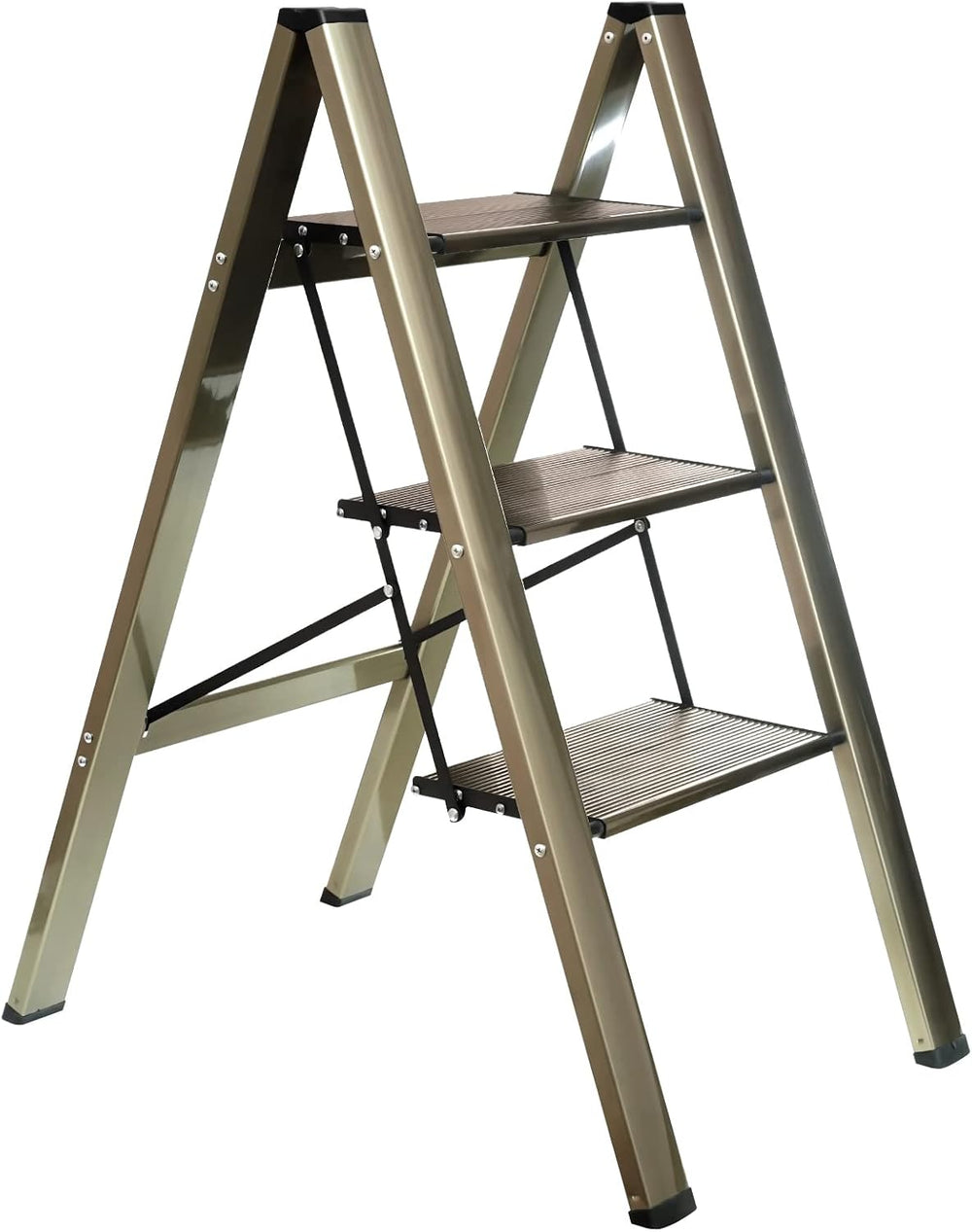 3-Step Aluminum Lightweight Folding Step Stool Ladder with Anti-Slip and Expa...