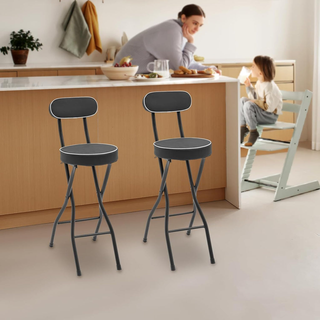 Counter Height Folding Bar Stools, 2PCS Tall Foldable Folding Bar Stool with Backrest and Pu Cushion, for Kitchen, Dining Room, Bar, Shop, Cafe, Garden, Camping, Bakery (Black)