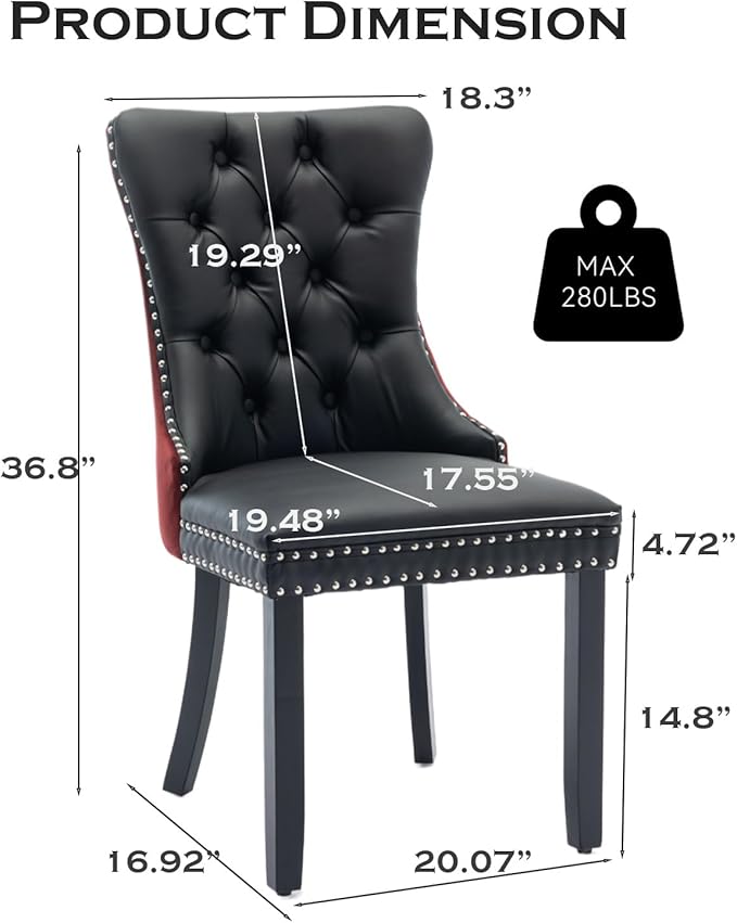 Leather Upholstered Dining Chairs Set of 6, Modern Style Kitchen Side Chairs with Nailhead Trim and Wood Leg, Metal Pulling Ring for Dining Room Living Room(Black&Wine Red)