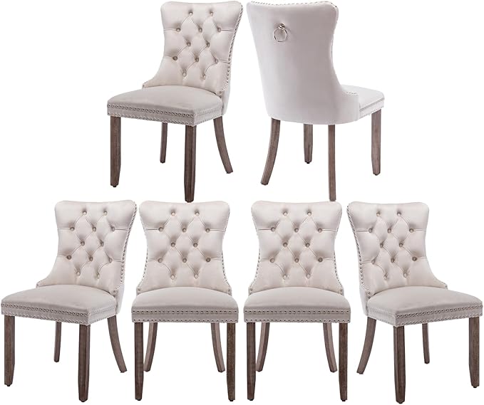 Velvet Dining Chairs Set of 6, Tufted Upholstered Dining Room Chairs with Back Ring Pull, Nailhead Trim and Solid Wood Legs, Modern Dining Chairs for Dining Room, Kitchen(Beige)