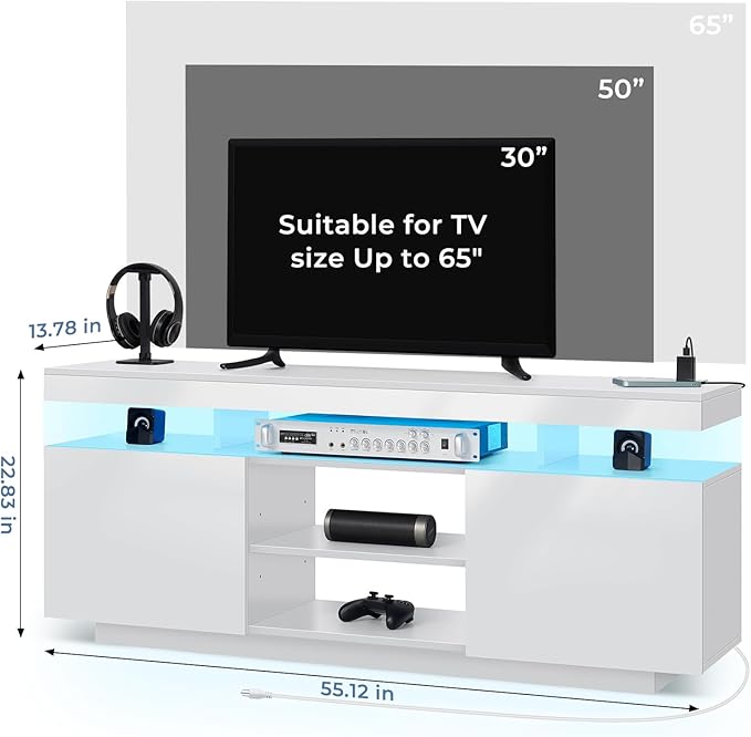 HOMMPA LED TV Stand for 65/60/55 inch TV Modern Entertainment Center with Power Outlets, Gaming TV Consoles with Storage Media Table with LED Lights Game Cabinet for Living Room White