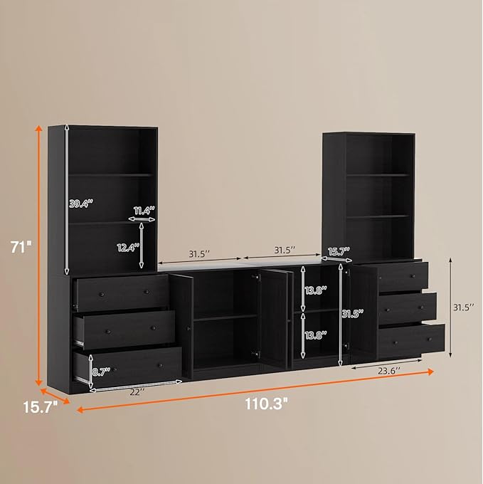 TUSY 71" Large TV Stand Set - TV Entertainment Center for TVs up to 65", Media Center with Tempered Glass Doors and Drawer, TV Hutch with Bookshelves for Living Room (Black, BCCB)