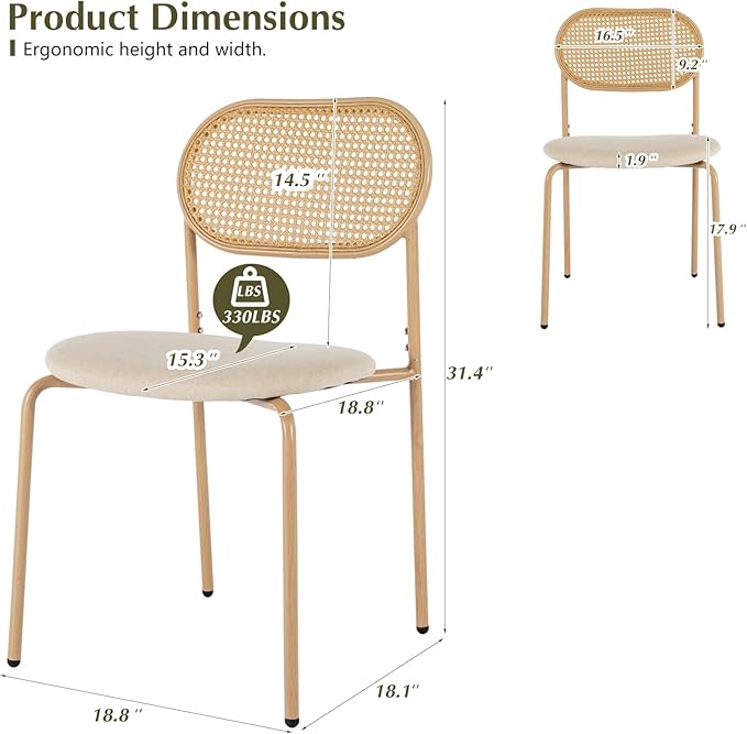 COSVALVE Boho Dining Chairs Set of 6, Upholstered Cane Dining Chair with Rattan Back Metal Legs, for Dinner Living Room Reception