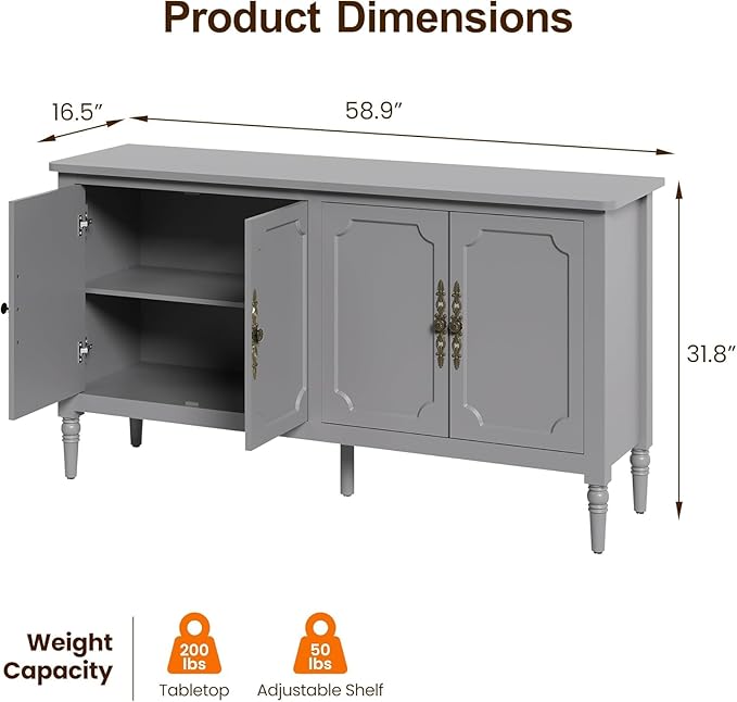 RoyalCraft 59'' Sideboard Buffet Cabinet with Storage, Modern Buffet Cabinet with Adjustable Shelves & Carved Handle, Mid Century Large Credenza Coffee Bar for Dining Room, Living Room (Dove Gray)