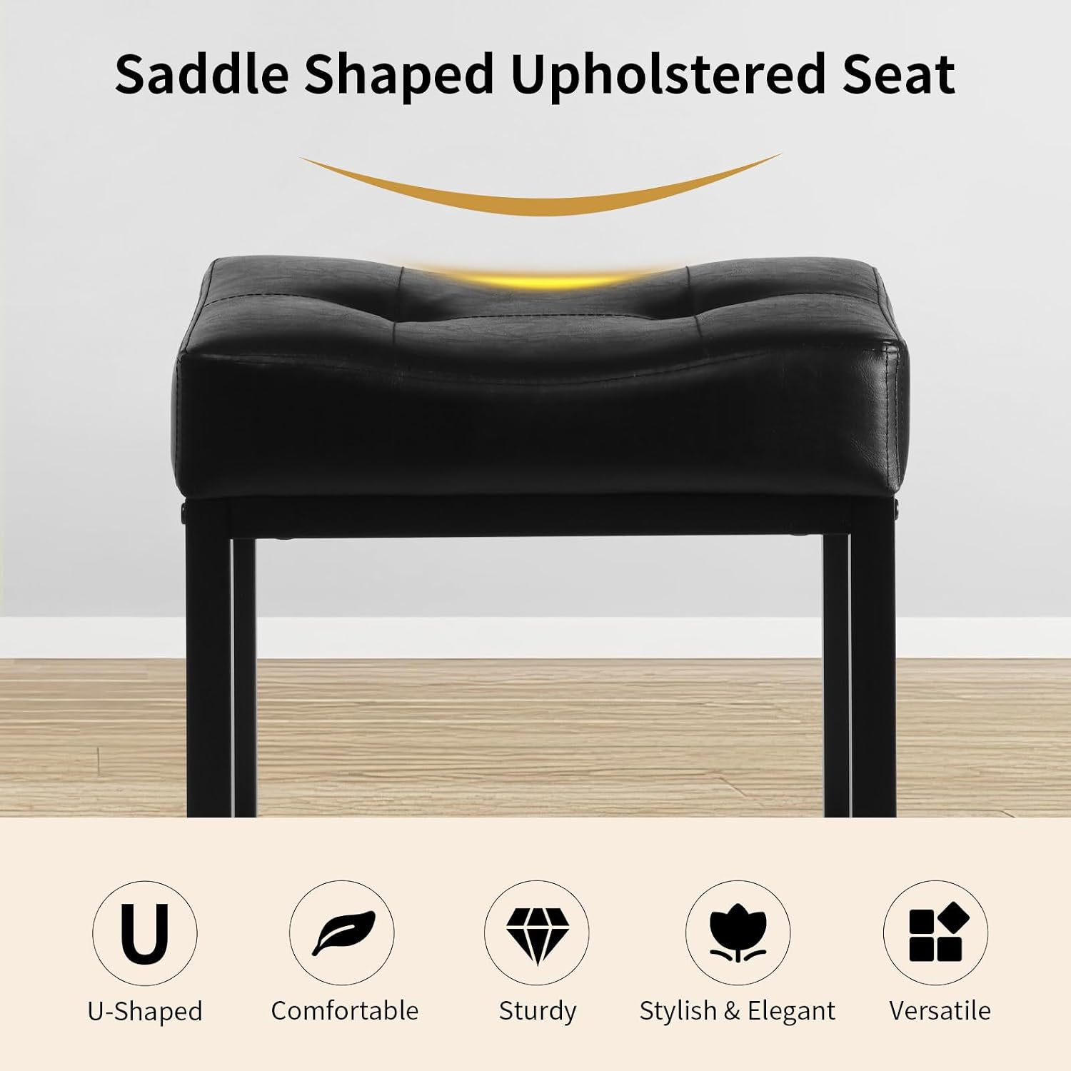 Saddle Seat Vanity Stool, Makeup Stool Chair with Metal Leg, U-Shaped Faux Leather Ottoman Foot Rest, Small Square Chairs Under Desk for Vanity, Living Room, Bedroom, Modern Makeup Bench Black