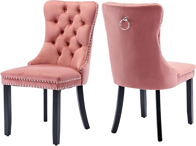 Pink Velvet Dining Chairs Set of 2, Tufted Upholstered Dining Room Chairs with Back Ring Pull, Nailhead Trim and Solid Wood Legs, Modern Dining Chairs for Dining Room, Kitchen,Pink