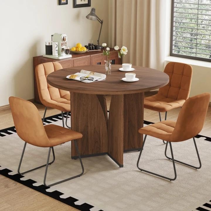 HIPIHOM Modern Round Dining Table Set for 4, 39.4" Walnut Kitchen Table ...