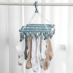 Clothes Drying Hanger with 32 Clips and Drip Foldable Hanging Rack (Light Blue)