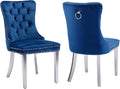Mid Century Modern Dining Chairs Set of 2, Blue Velvet Upholstered Tufted Back, Kitchen & Dining Room Chairs, Brushed Silver Metal Legs, Nailhead Trim, Sillas para Comedor (Blue, 2 Pcs)