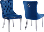 Mid Century Modern Dining Chairs Set of 2, Blue Velvet Upholstered Tufted Back, Kitchen & Dining Room Chairs, Brushed Silver Metal Legs, Nailhead Trim, Sillas para Comedor (Blue, 2 Pcs)