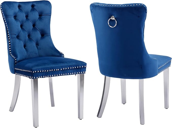 Mid Century Modern Dining Chairs Set of 2, Blue Velvet Upholstered Tufted Back, Kitchen & Dining Room Chairs, Brushed Silver Metal Legs, Nailhead Trim, Sillas para Comedor (Blue, 2 Pcs)
