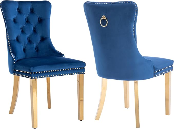 Mid Century Modern Dining Chairs Set of 2, Blue Velvet Upholstered Tufted Back, Kitchen & Dining Room Chairs, Gold Metal Legs, Nailhead Trim, Sillas para Comedor (Blue, 2 Pcs)