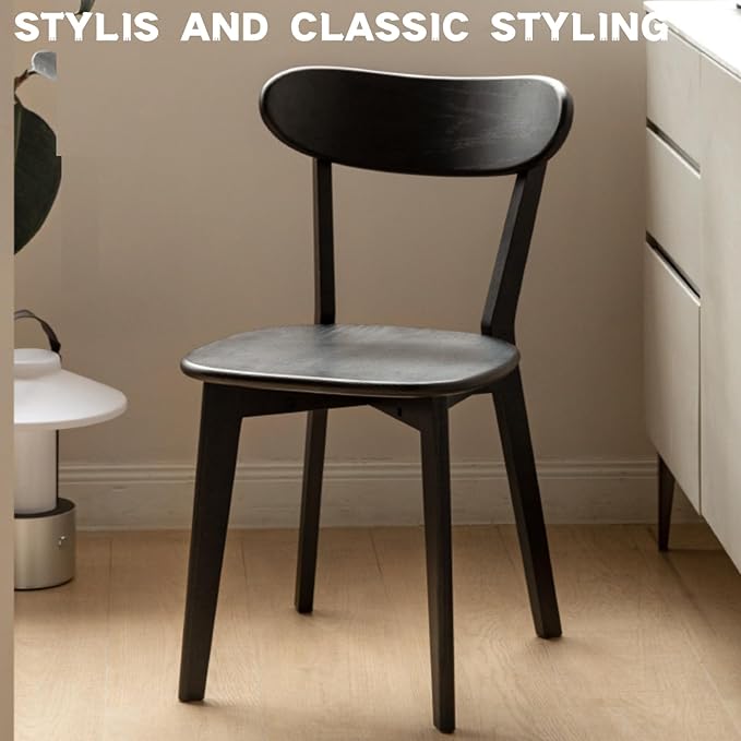100% Solid Wood Dining Chairs,Mid Century Modern Dining Chairs with Rounded Backrest,Kitchen,Dining Room Chairs Set of 1/2/4 (2, Black Color)