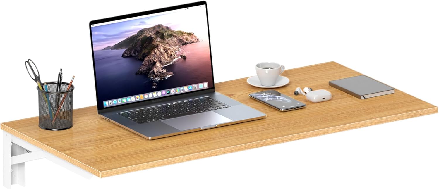 Need Wall Mounted Desk - Heavy Duty Folding Work Table Length 36" Width 20"/Small Space Hanging Desk Perfect Addition to Home/Office/Kitchen & Dining Room Teak&White AC15-9050TW-ND