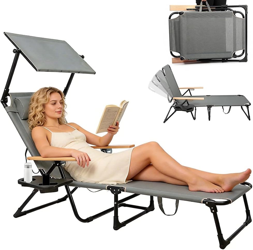 Folding Lounge Chair with Adjustable Canopy, Portable Sun Lounger with 4-Posi...