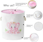 Laundry Baskets Kids Laundry Hamper, Pink Baby Hamper Elephant Basket Large Collapsible Kids Hamper with Handles Waterproof Round Linen Storage Basket for Toddler/Girls (Pink Elephant)