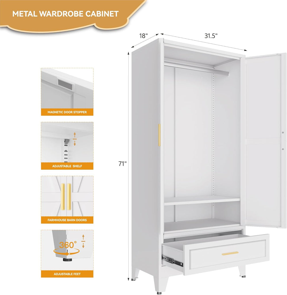 Metal Wardrobe Closet for Bedroom, 71" Freestanding Armoire Wardrobe wit...