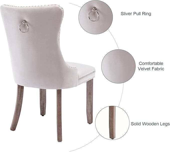 Velvet Dining Chairs Set of 2, Tufted Upholstered Dining Room Chairs with Back Ring Pull, Nailhead Trim and Solid Wood Legs, Modern Dining Chairs for Dining Room, Kitchen(Beige)