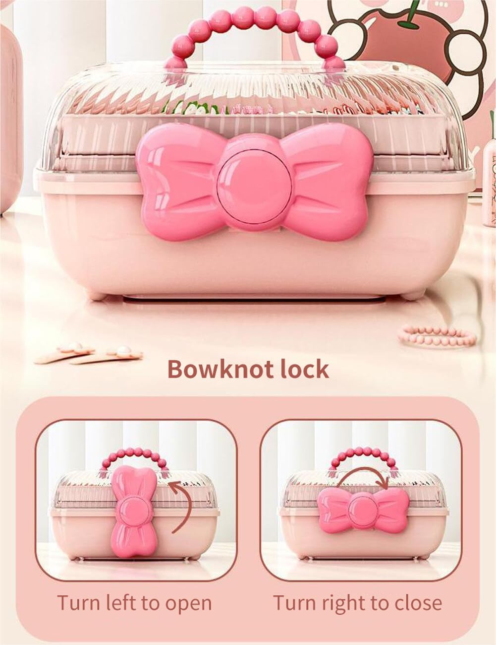 Cute Hair Accessories Organizer 3-Layers Kids Jewelry Storage Box Plastic Hair Accessories holder for Girls (Pink, 10.8 x 5.7 x 5.9 Inch)