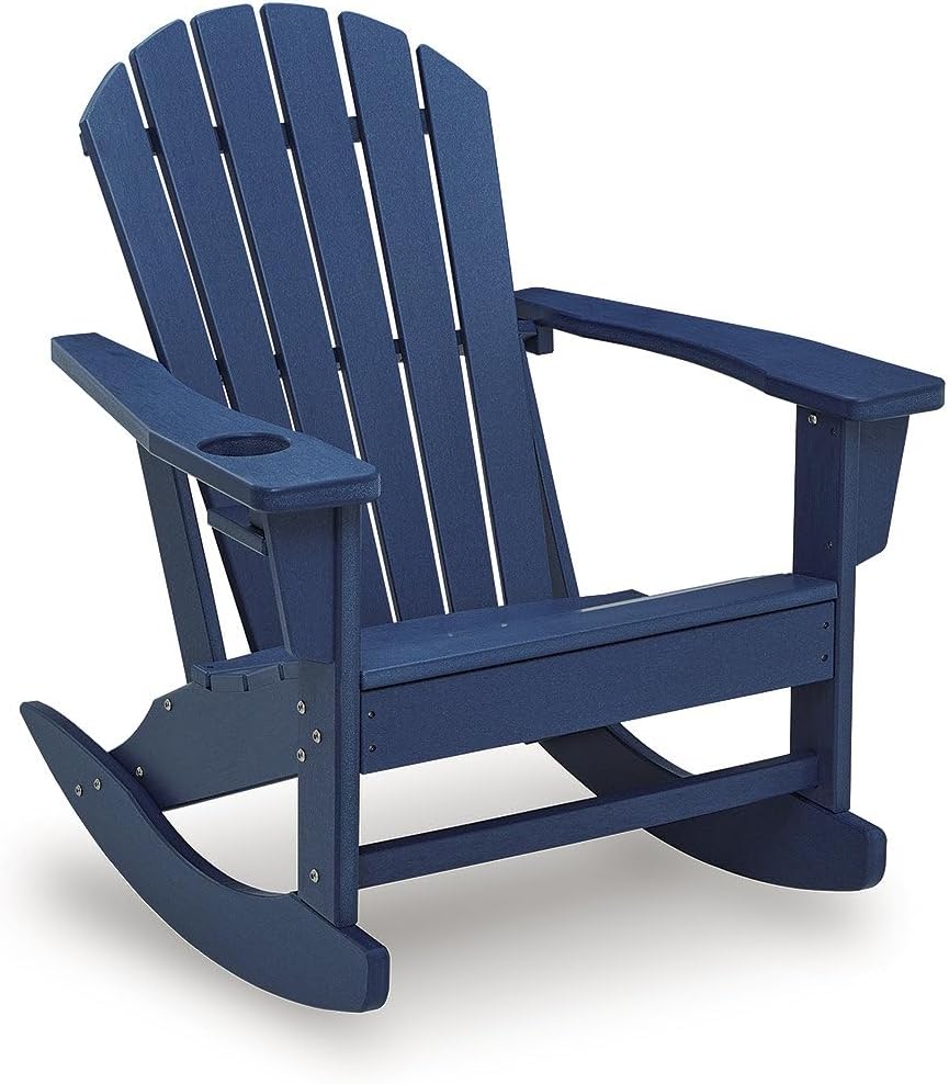 Signature Design by Ashley Sundown Treasure Adirondack Rocking Chair, Blue | Weather resistant HDPE, Integrated armrest cup holder, Heavy-duty 51-pound base, Rust-resistant stainless steel hardware