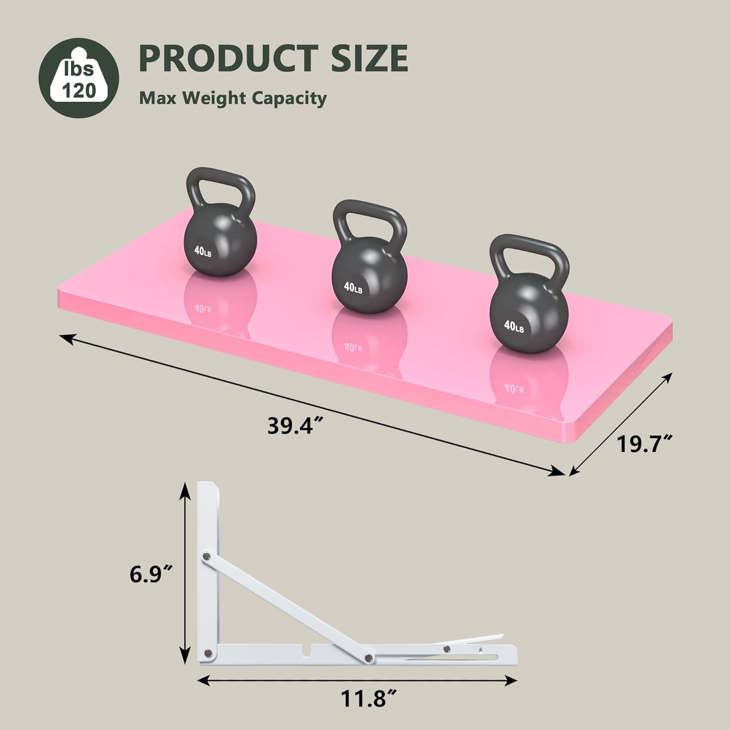 Clikuutory Wall Mounted High Gloss Folding Table, Wall Desk Fold Down for Small Spaces, Folding Workbench for Laundry Room, Home Office, Kitchen, Bedroom, Home Bar, Pink (39.4"×19.7")