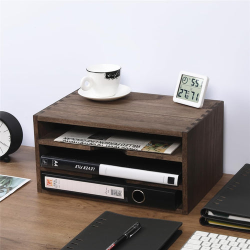 3-Tier Paper Storage Letter Tray File Sorter - Wood Desktop Document Organizer Holders with Mail Sorter, School & Home Magazine File Dividers for Office Accessories Dark(SJ3K-DK)