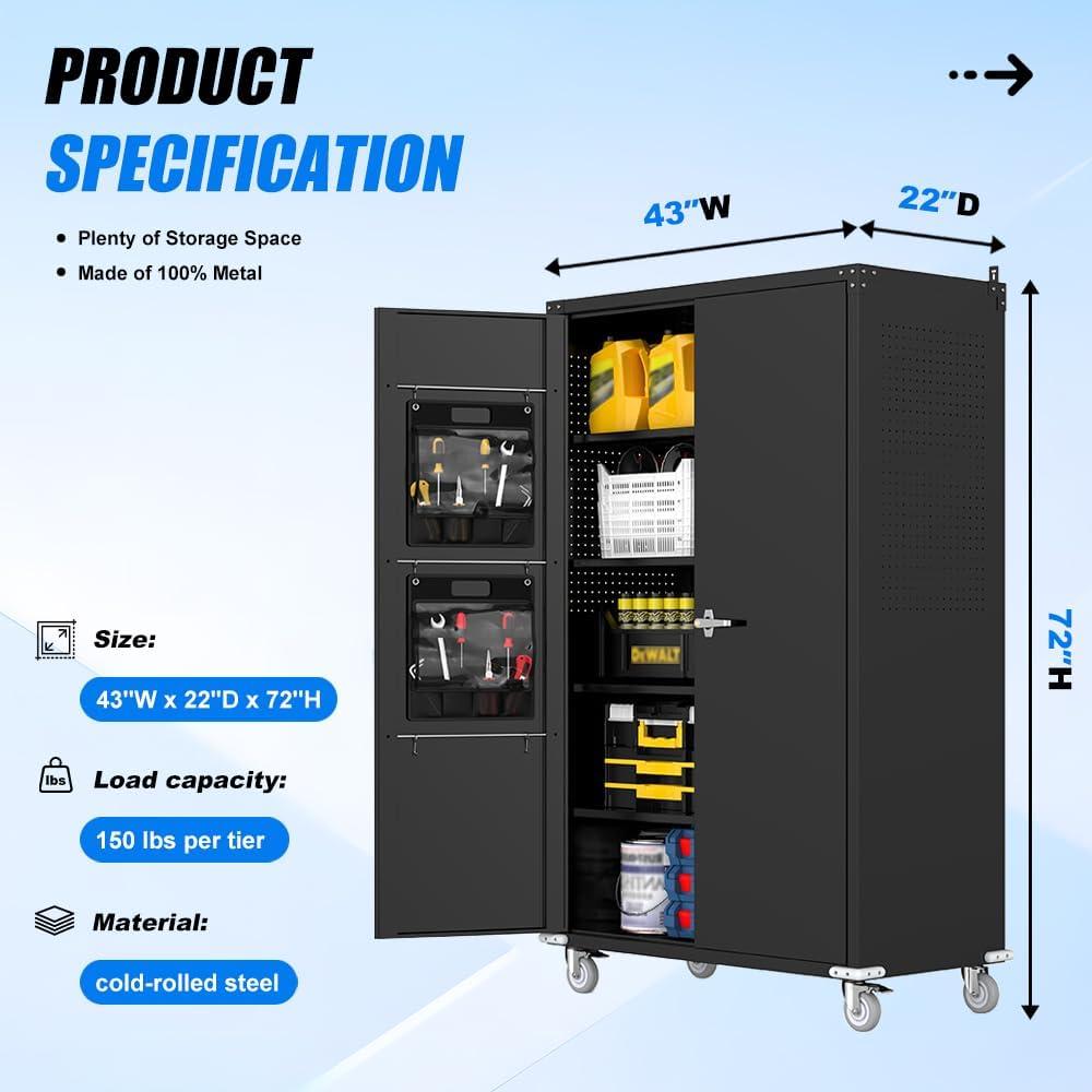 Yeeoy 72" Wide & Deep Metal Garage Storage Cabinet with Wheels, Blac...