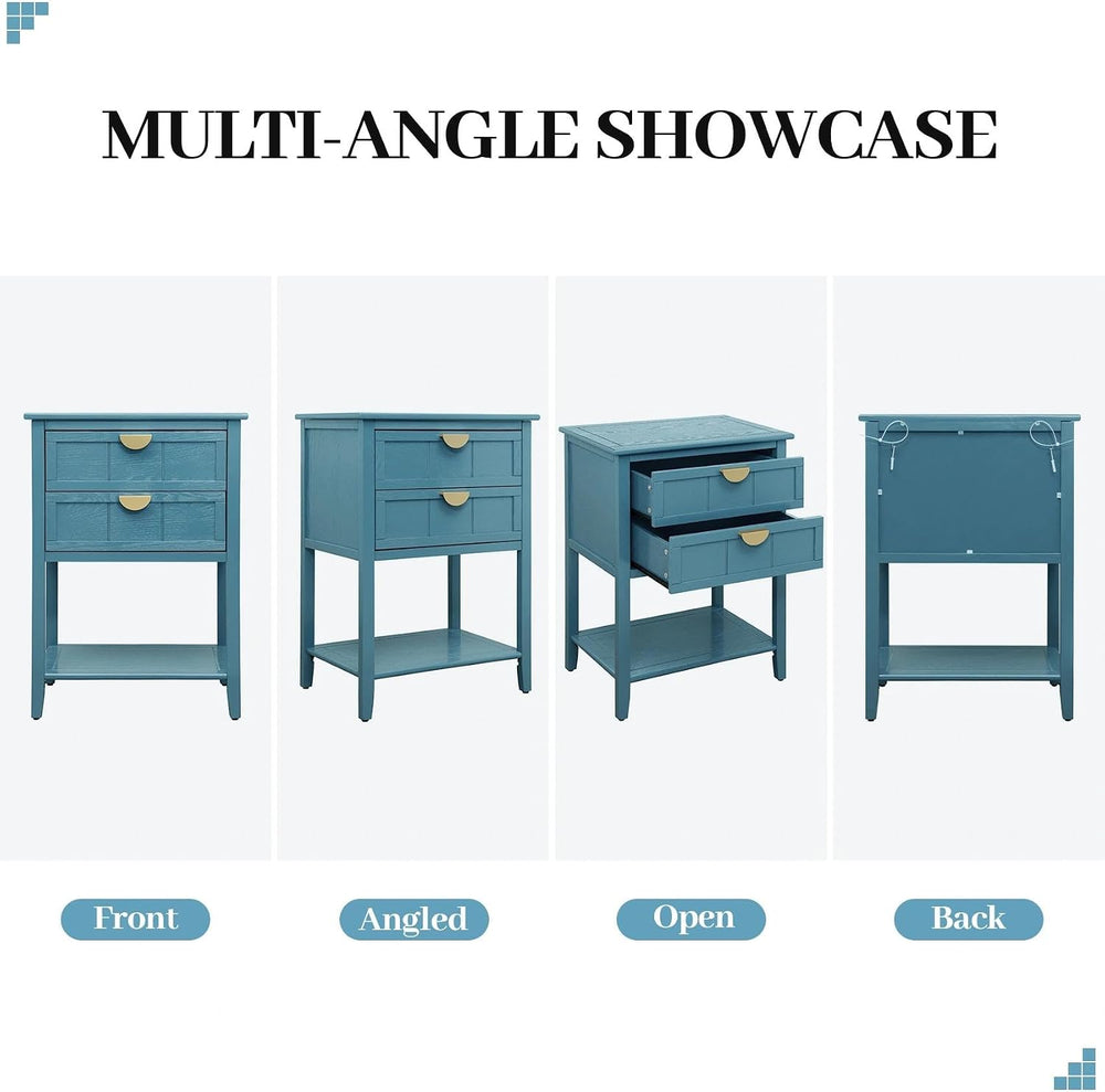 22" Blue Nightstand with 2 Storage Drawers Bedside Table with Open Shelf...
