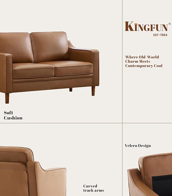 Kingfun 56" Faux Leather Sofa, Loveseat Couch, Mid Century Modern Love Seat Couches with Solid Wood Frame for Living Room & Bedroom, Brown